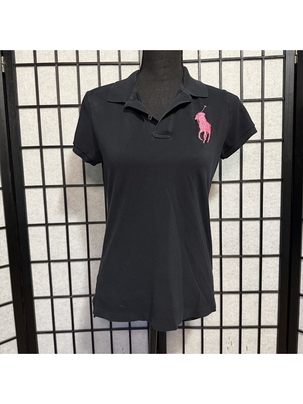 Vtg Ralph Lauren Y2K Big Pony Polo Shirt Black Pink Pony Womens Size M